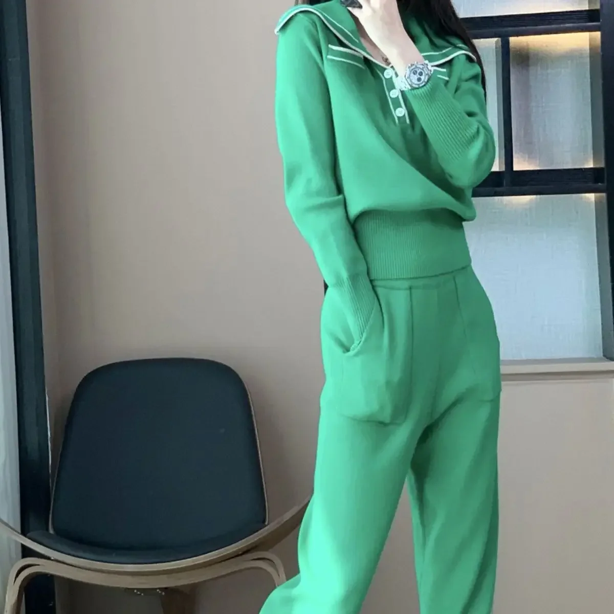 Holiday Outfits Spring Autumn Trousers Woman Knitted Sweater Crochet Pant Sets for Women 2 Pieces Green Classy Groups of Outfit