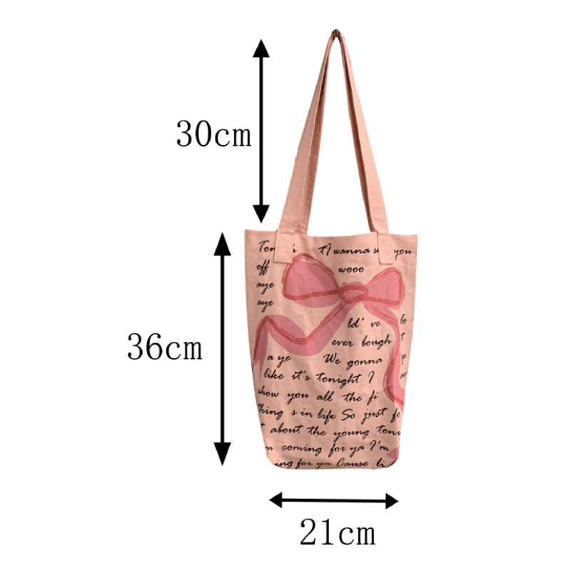 Youda New Canvas Fabric Shoulder Bag For Women Simple Bow Cartoon Pattern Letter Handbag Large Casual Capacity Shopper Tote Bags