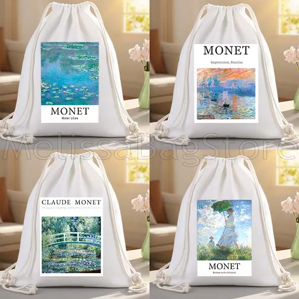 Claude Monet Paintings Art Water Lilies Canvas Drawstring Bags Soccer Backpack Gym Sackpack Gifts String Bag for Hiking Sports