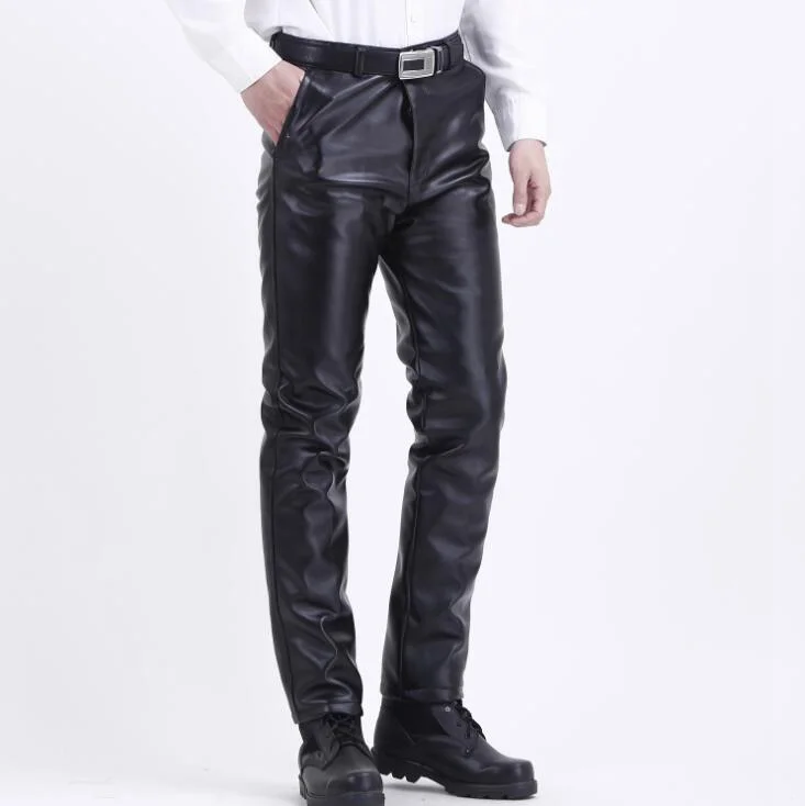 #2203 Winter Thick Warm Faux Leather Pants For Men Plus Size PU Leather Fleece Pants Fashion Motorcycle Joggers Windproof 29-46