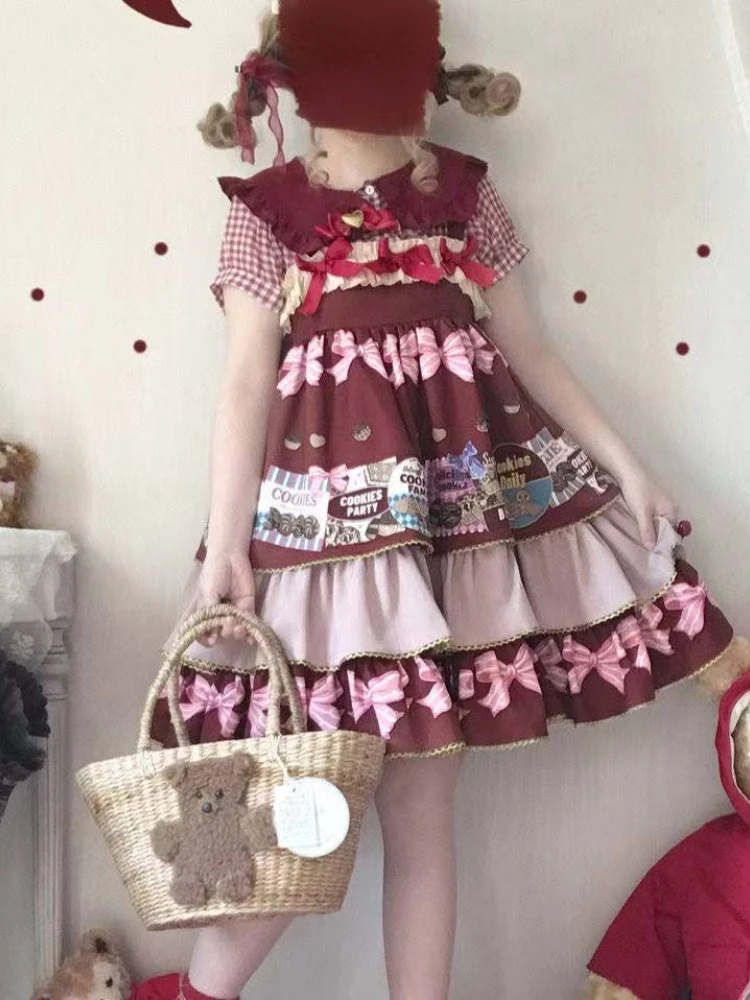 KOSAHIKI Robe Sweet Lolita Dress Women Bow Cute Kawaii Print Mini Jsk Cake Dresses Female Japanese Princess Strap Summer Vestido