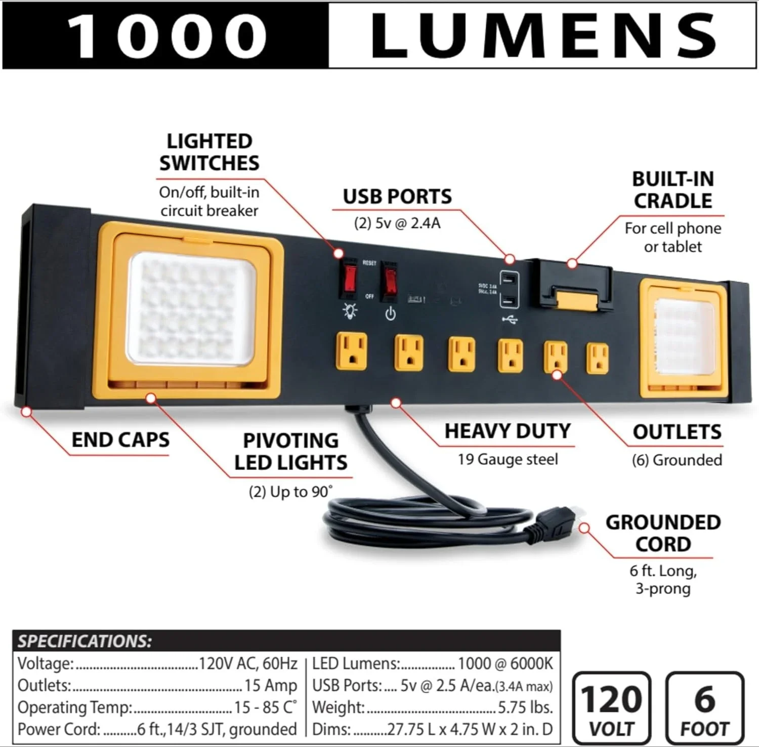 2 USB Ports,W2279 Commercial Grade Power Station with 6 Outlets, Built-In Cradle,and LED Lights for Workshops