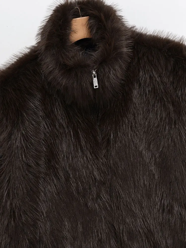 HH الخريف المرأة بلا أكمام فو الفراء سترة علوية خمر بني داكن الياقة المدورة سستة ملابس خارجية سيدة الموضة عالية الشارع صدرية #4