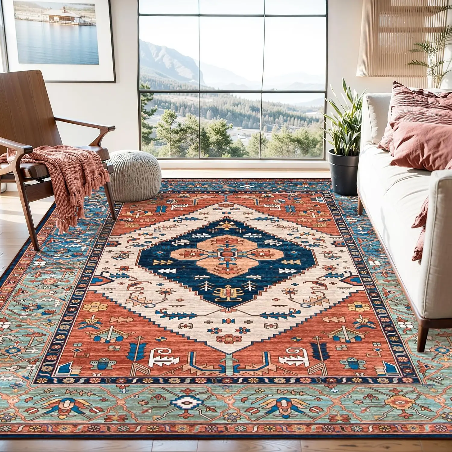 

Bohemia Washable Rug,Non-Slip Ultra-Thin Living Room Area Rug, Stain Resistant Vintage Carpet for Bedroom Dining Room Office