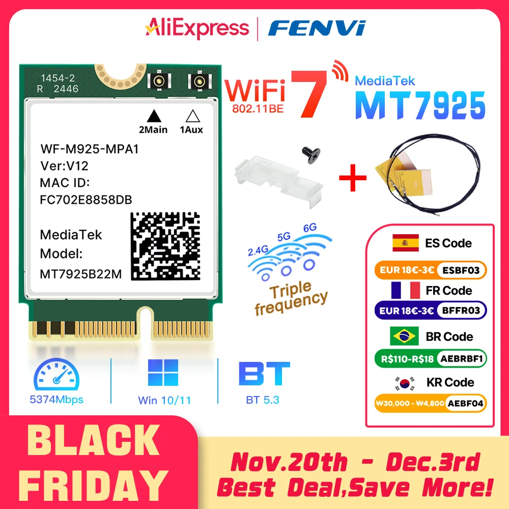 WiFi 7 MT7925 네트워크 카드 블루투스 5.4 M.2 NGFF 무선 어댑터 5400Mbps 트라이 밴드 2.4G 5G 6GHz Wifi7 랜 카드 윈도우 10/11용