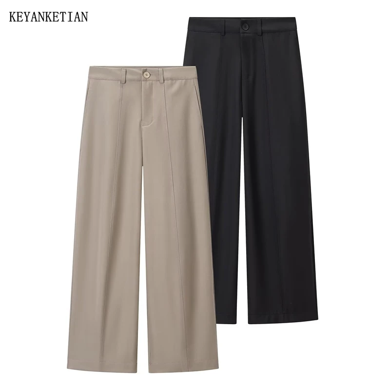 KEYANKETIAN 2026 Summer New Office Lady High Waist Wide Leg Suit Pants Loose Button Fly Straight Trousers Khaki Workwear
