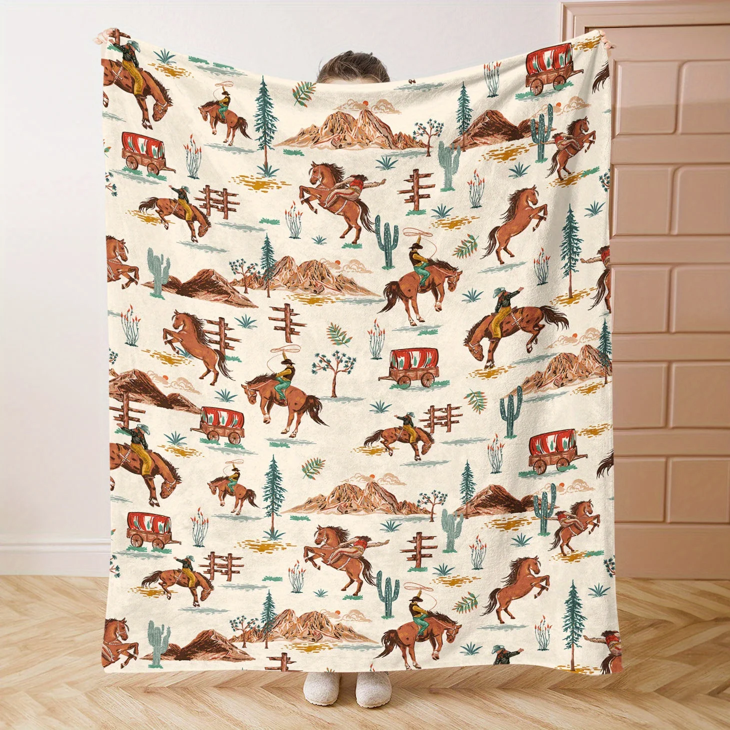 

Mid-Century Western Cowboy Print Flannel Throw Blanket - Soft Knitted Polyester Bed, Sofa, Office, Camping Blanket - All-Season