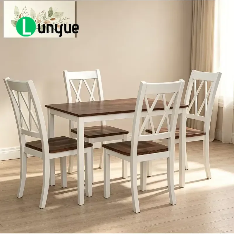 Classic American Farmhouse Dining Table Set with X Cross Back Chairs White Dark Brown Wood Furniture for Family Dining Room