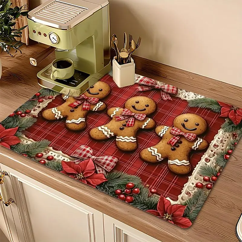 VIKAMA Red Checkered Christmas Gingerbread Tableware Drainer Absorbent Kitchen Counter Mat Coffee Maker Table Mat Home Decor