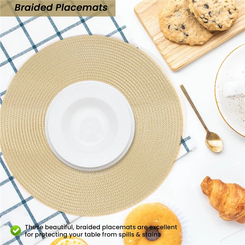 مجموعة مفارش أطباق مضفرة مستديرة من BAAG مكونة من 6 مفارش طاولة لطاولات الطعام المنسوجة القابلة للغسل وغير القابلة للانزلاق مقاس 15 بوصة #5