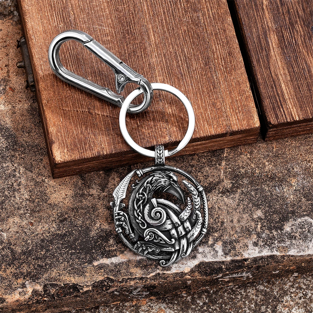 Men Viking Rune Hollow Out Crow Keychain Punk Odin Raven Feather Animal Pendant Stainless Steel Amulet Scandinavian Jewelry Gift