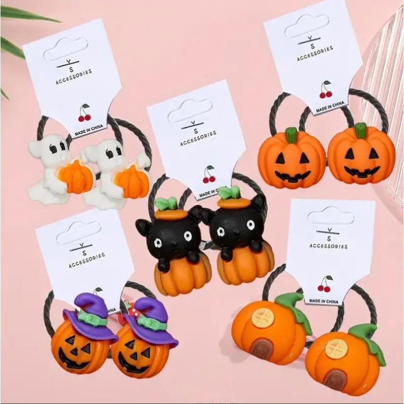 6pcs Cute Pumpkin Ghost Hair Scrunchies Set Halloween Girls Elastic Hair Bands Ghost Festival Cosplay Party Hair Ornament Prop