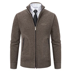 Autumn Spring Men's Sweater Coat Brown Jacket Business Casual Turtleneck Zipper Overcoat Wool Velvet Pullovers Cold Sweatercoat