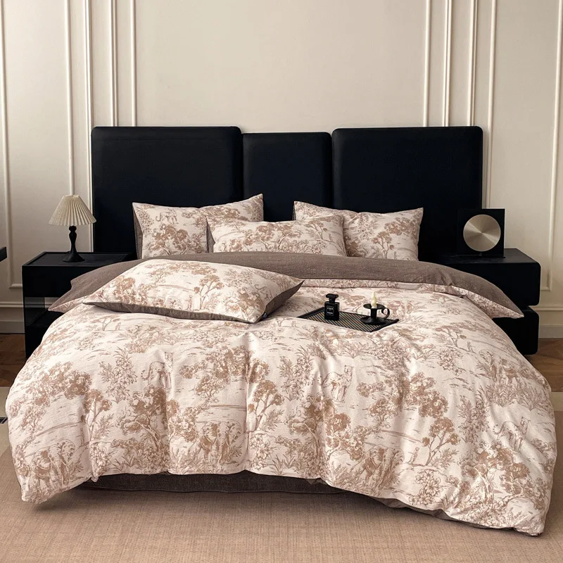 Pure Cotton and Linen Four-piece Retro Style Thickened Autumn and Winter Bed Sheet and Quilt Cover