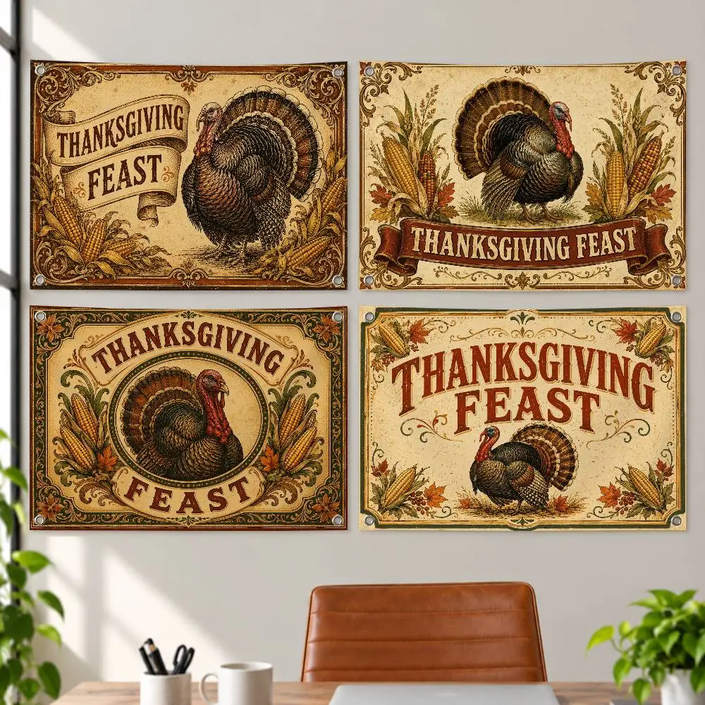 THANKSGIVING FEAST Aesthetic Wall Tapestry Flag Printed Wall Hanging Living Room Party Outdoor Decor