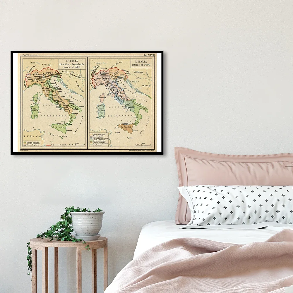 84 * 59 cm Vintage Italy Map In Italian Retro Wall Art Poster Canvas Painting Classroom Home Decoration School Supplies