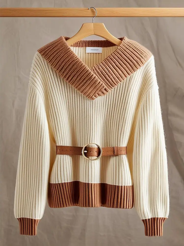 Korean White Coffee Contrasting V-neck Sweater for Autumn and Winter Versatile Loose Woolen Knit Sweater