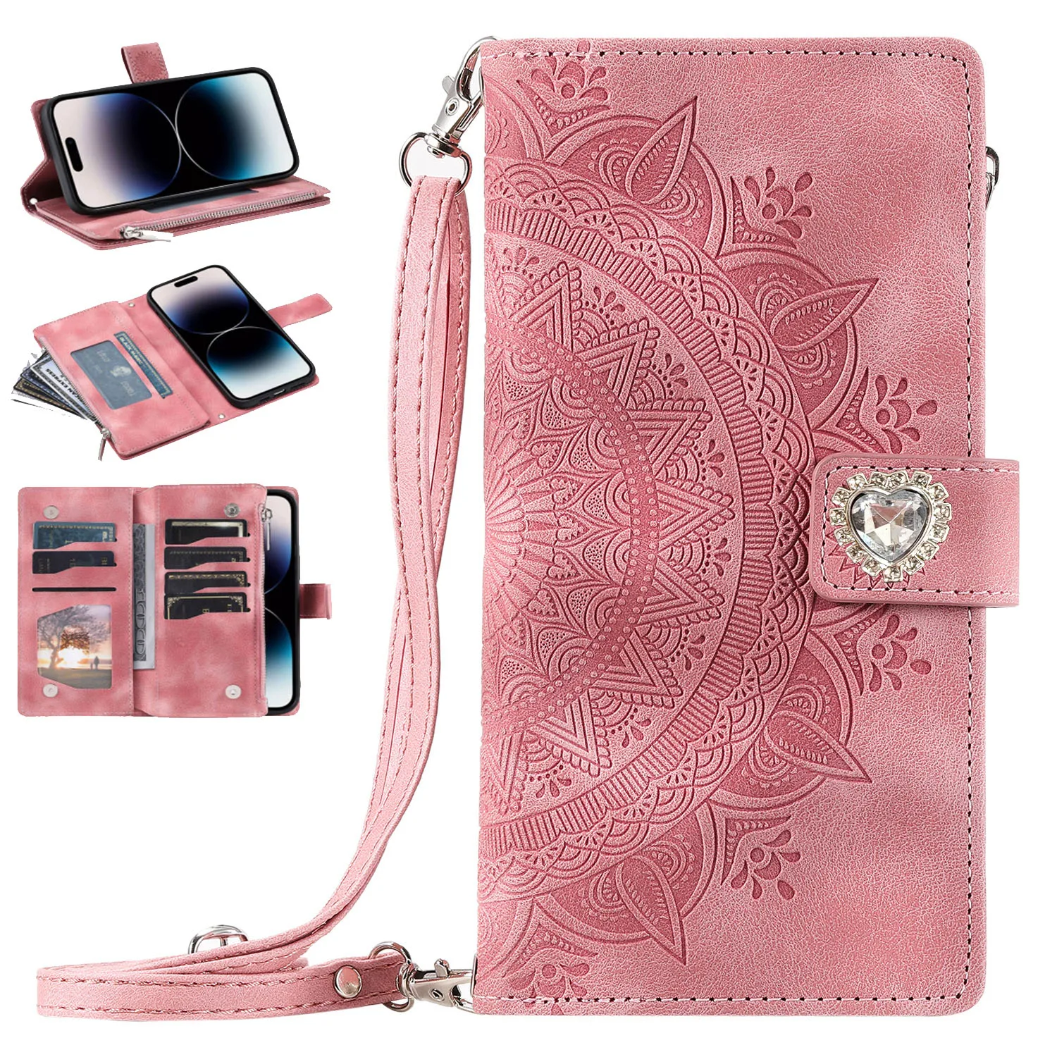 

Rhinestone Wallet Case For Samsung Galaxy A54 A34 A24 A14 A73 A53 A33 A23 A13 Crossbody Leather Rope Multi 8 Cards Flip Cover