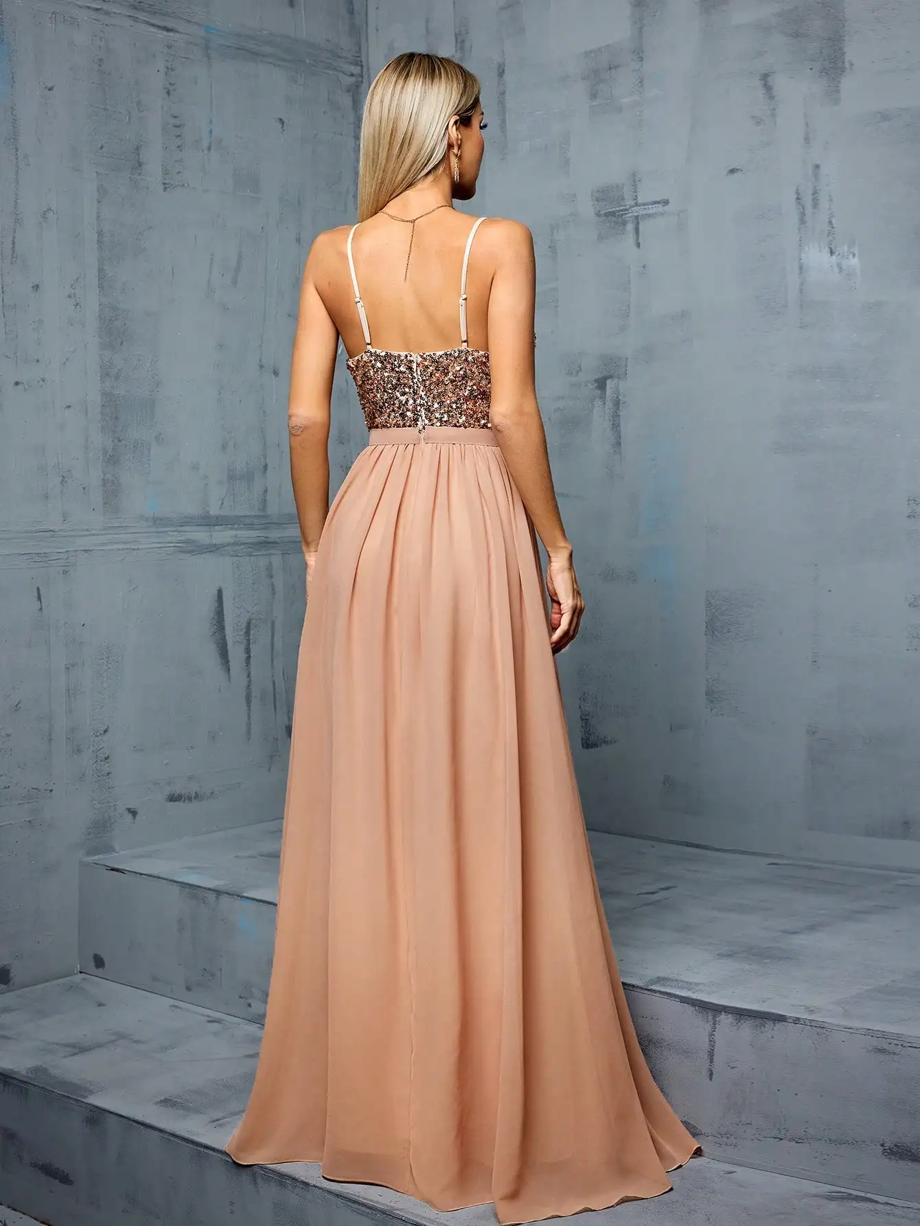 Mgiacy Fine halter Deep V Sequin chiffon split A Full skirt Evening gown PROM dress Party dress Bridesmaid dress