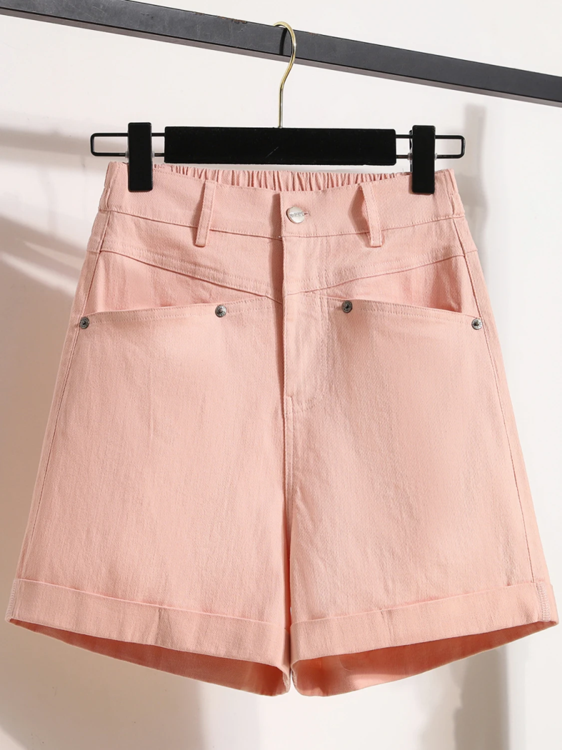

Sweet Style High Waist Wide Leg Denim Shorts Women's Elastic Hem Hot Pants Summer New Arrival plus Size Pink Cotton Blend