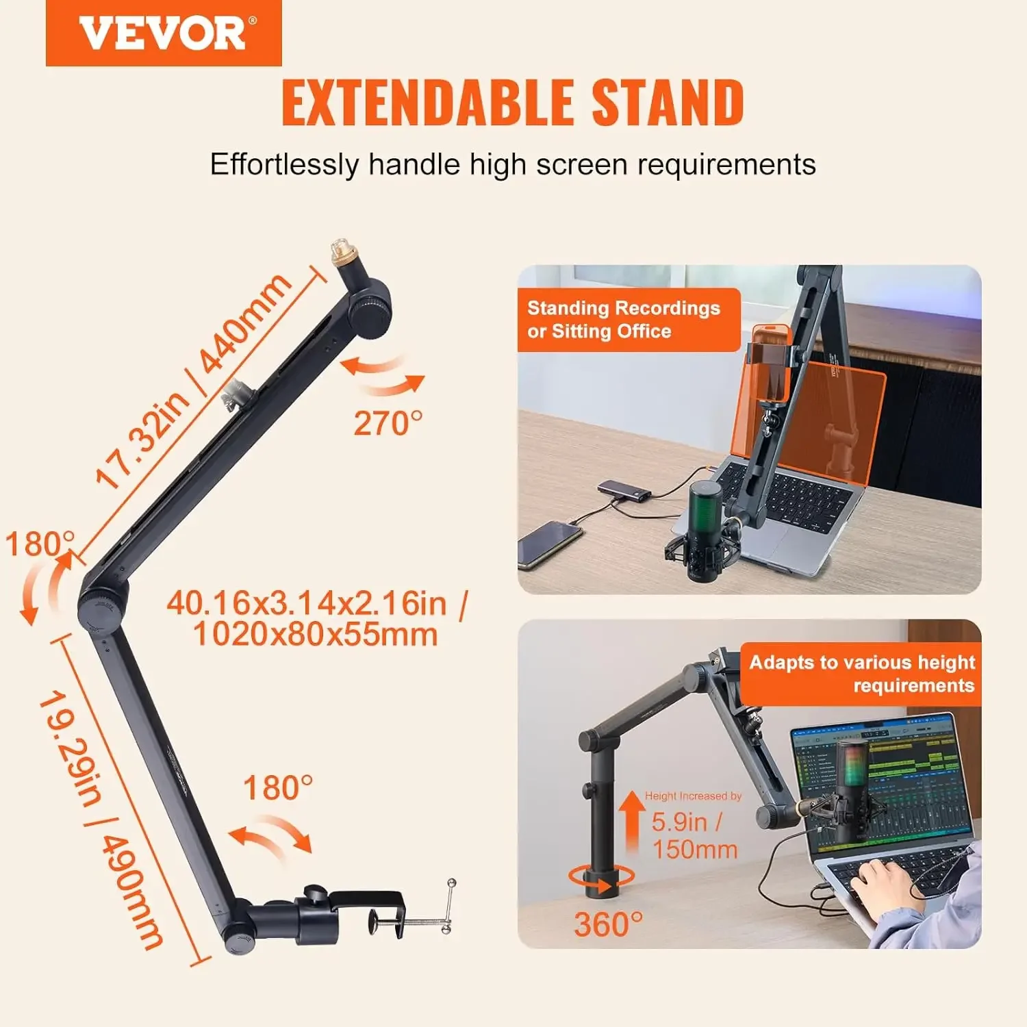 Microphone Boom Arm with Desk Mount, 360° Rotatable, Adjustable Mic Stand with 3/8" to 5/8" Adapter Port