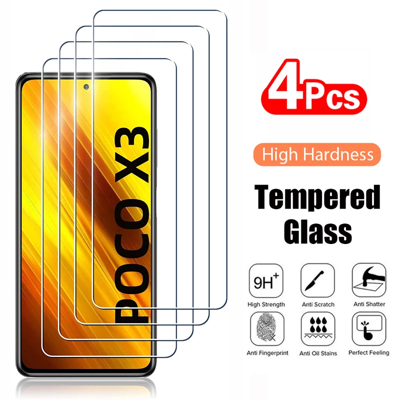 Protector de pantalla de vidrio templado para Xiaomi Poco X3 Pro Pocophone X3 NFC, 4 Uds., para Xiaomi Poco F3 F4 GT F2 F1 M2 M3 M4 X4 Pro 5G