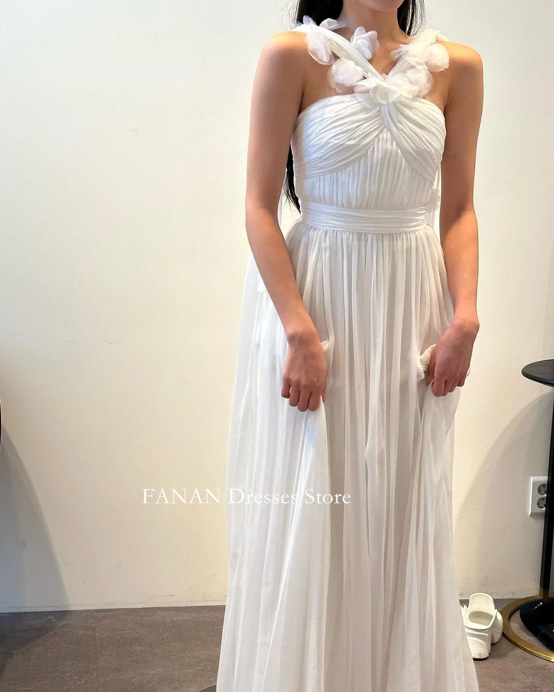 FANAN Halter Neck Korea Ivory Ruched Wedding Dresses 웨딩드레스 Sleeveless Chiffon Custom Made Pretty  Bride Gowns Plus Size