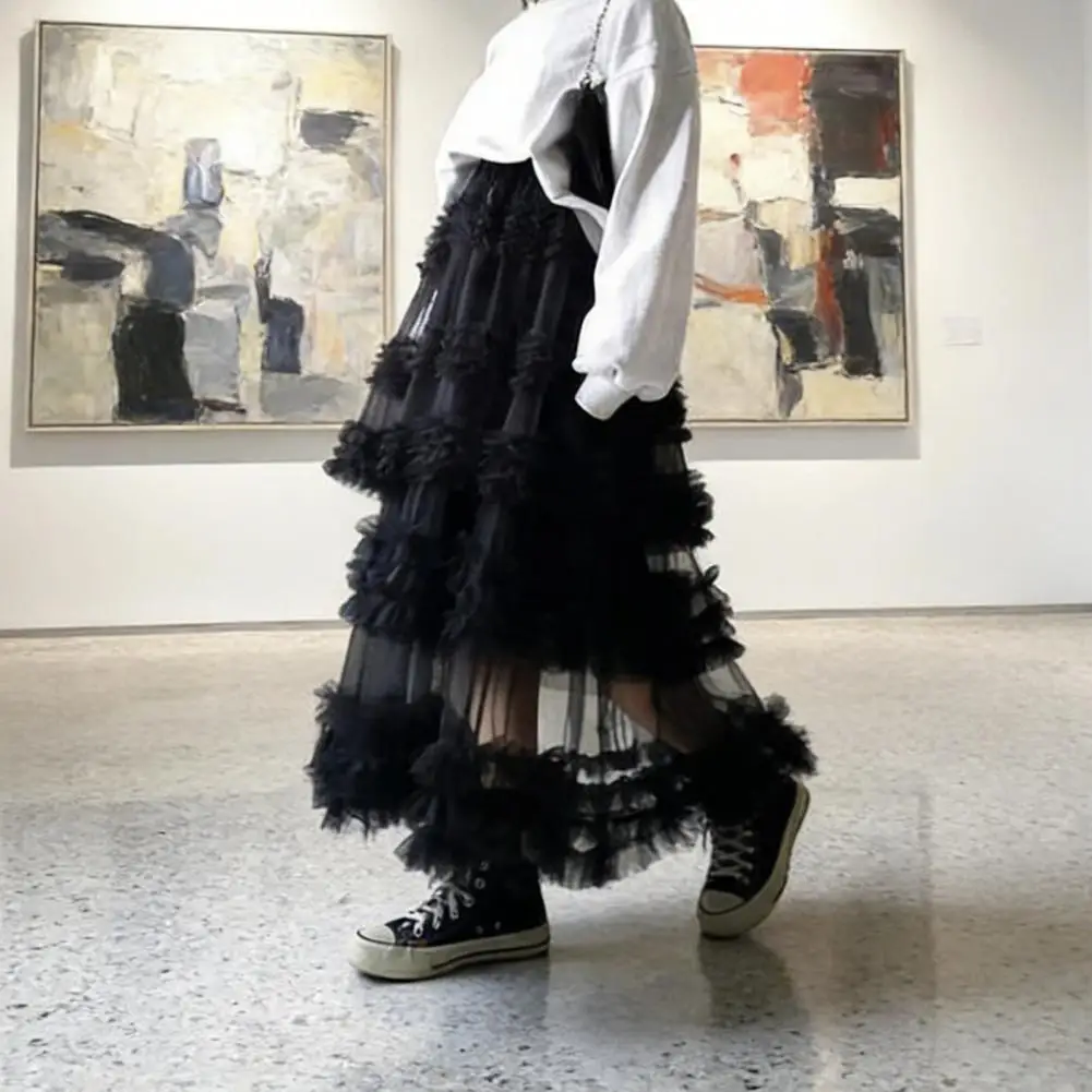 

Женская многослойная юбка-макси из фатина с высокой талией, А-силуэт, с оборками, сетчатая, многоярусная, длинная, струящаяся, в стиле феи