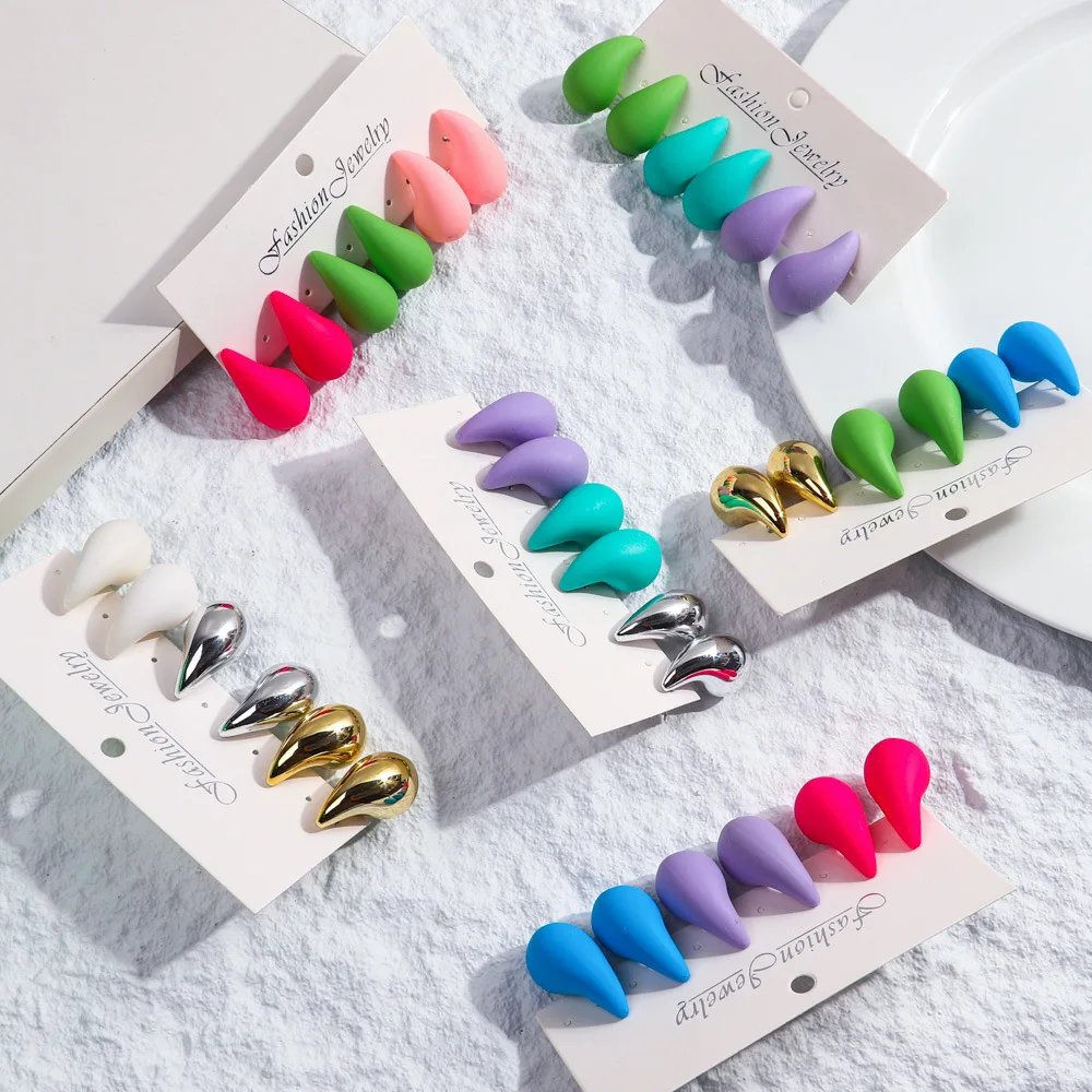 Pendientes de aro de gota de agua chapados gruesos para mujer, joyería ligera, suave, multicolor, acrílico, gota de lágrima, 3 pares por juego