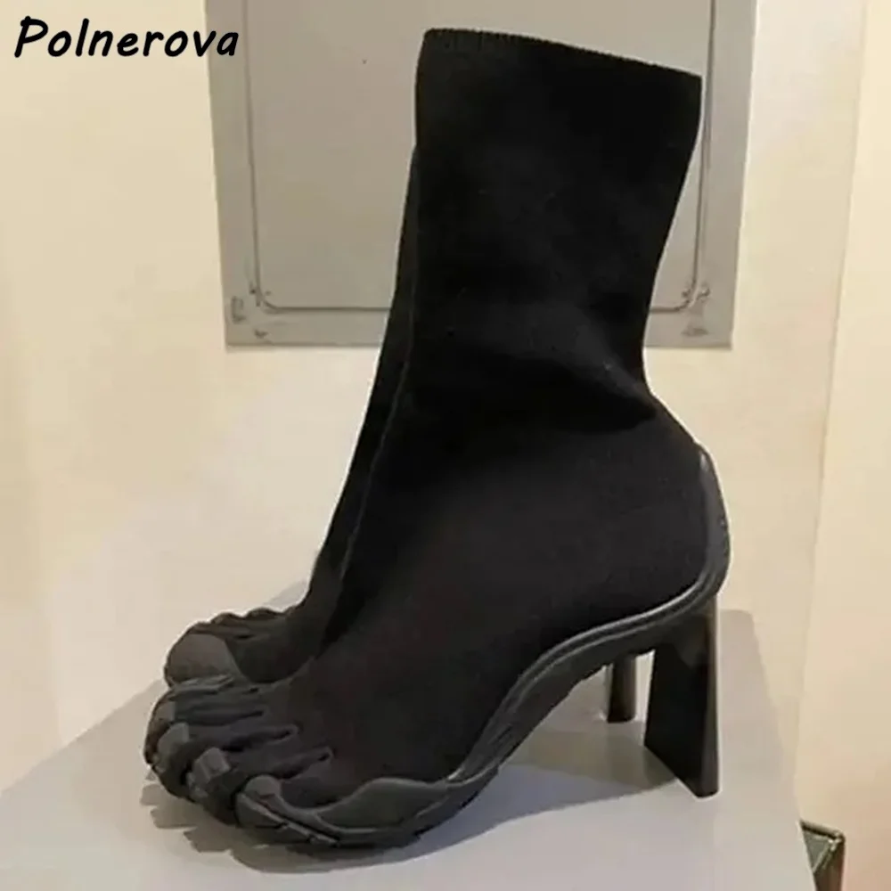 

Резиновые ботильоны с пятью пальцами, однотонные вязаные черные, розовые, белые, эластичные, сексуальные туфли без шнуровки, женские шикарные стильные туфли на высоком каблуке 2025