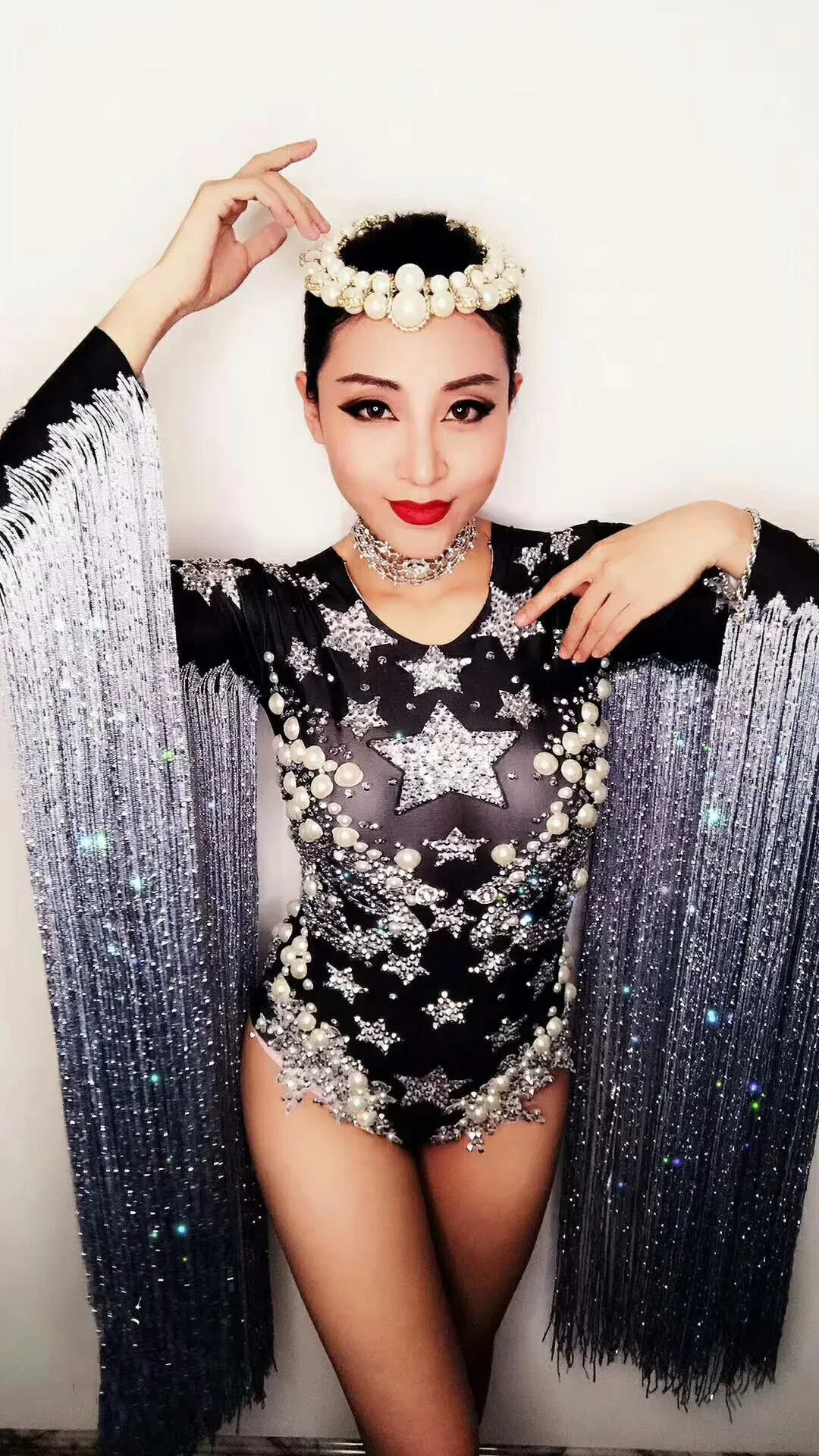 Black Crystal Star pearl Bodysuit  Party Singer Celebrate Queen Costume Tassel Stage Dance Fringes Nightclub Leotard Show