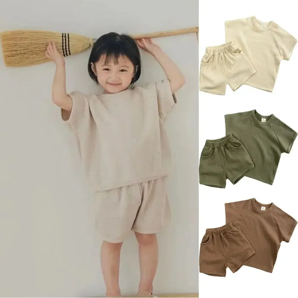 

Baby Girls Clothes Sets Solid Waffle O-Neck Cotton Top T-Shirt+Shorts Children Clothes Suit 1-6Y Korean Style