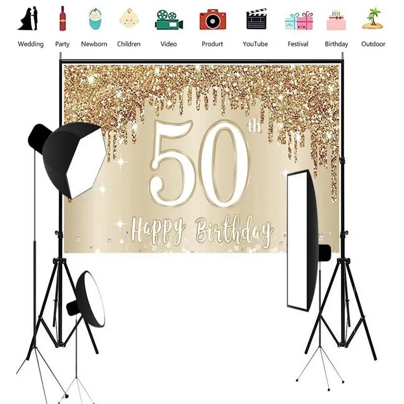 Happy 50th Birthday Banner Backdrop Decorations for Women, Gold White 50 Birthday Sign Party Supplies, Fifty Year Old Birthday P