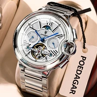 POEDAGAR, reloj de negocios de lujo para hombre, fecha, semana, Tourbillon de acero inoxidable, reloj para hombre, relojes mecánicos automáticos impermeables para hombre