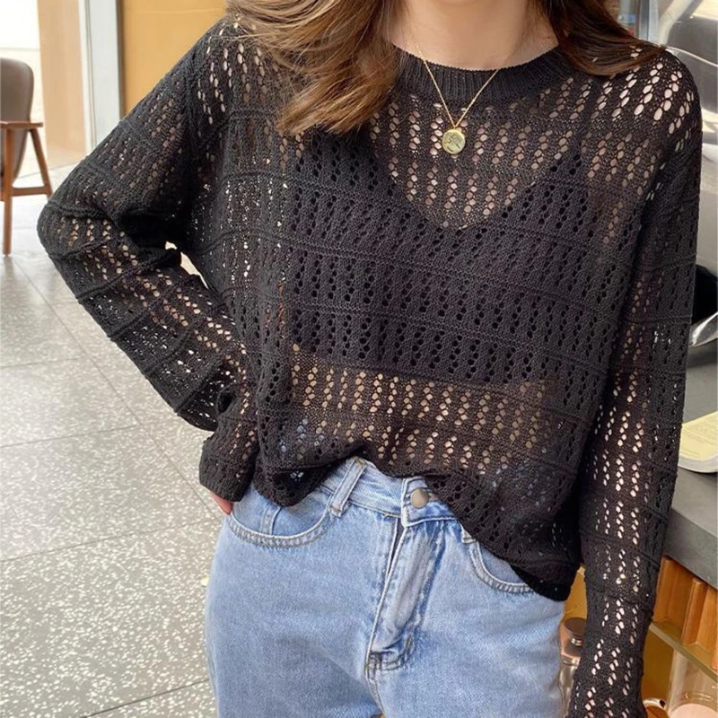 BIGSWEETY Women O-Neck Loose Casual Shirt Hollow Out Beach Top Knit Long Sleeve Tees See-through Crop Top Spring Summer