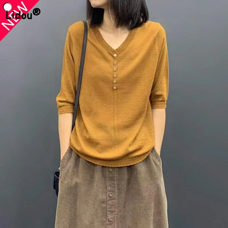 

Autumn Women's New Korean Version Loose Fit Tops V-Neck Solid Color Patchwork Button Half Sleeve Knitted Bottoming Sweater