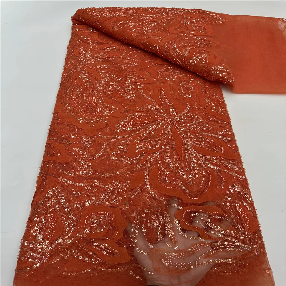 African Lace Fabric 2025 High Quality French Sequins Embroidery Beads Tulle Lace Fabric For Wedding Party Dress Sewing