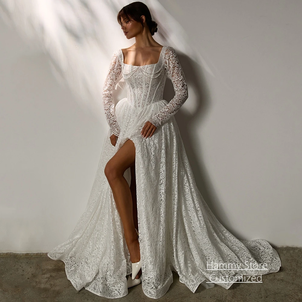 Customized Wedding Dress Lace Bridal Gown Elegant Square Neck Long Sleeves Pearls Sweep Train A Line Corset Bride Dresses