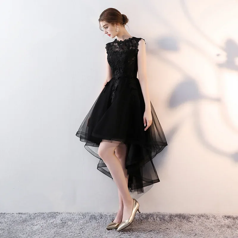 Prom Gowns Black Embroidery Tulle O-neck Sleeveless Zipper Back High-low Tea Length Plus size Women Party Formal Dresses LX094