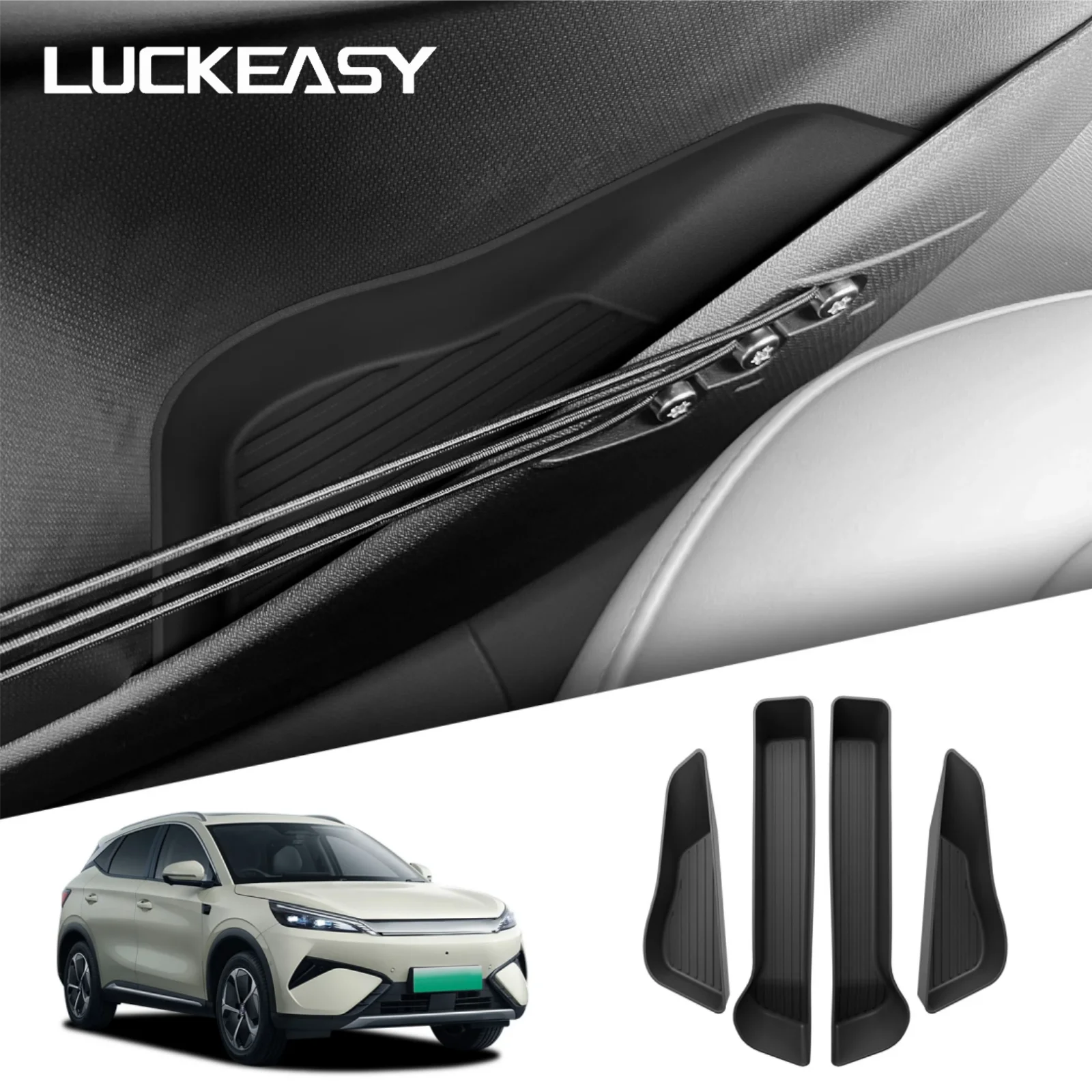 LUCKEASY Plateau de rangement pour portières avant et arrière pour BYD ATTO3 ATTO 3 Evo YUAN PLUS 2025 2026, Organisateur de poignée de porte de voiture en TPE