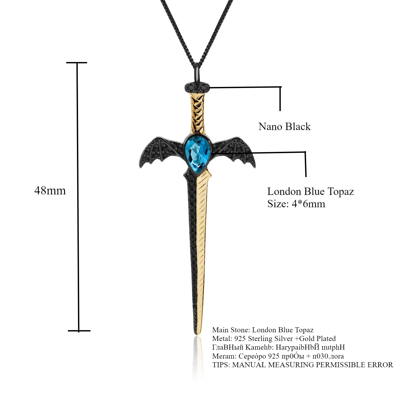 Gothic Pendant Dark Style S925 Silver Natural London Blue Topaz High-End Designer Necklace Accessory
