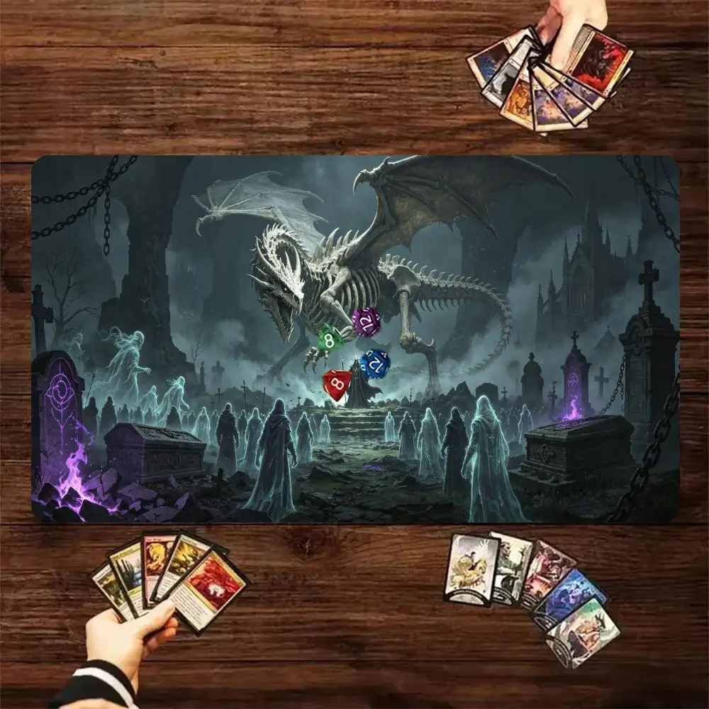 60X35cm Undead Dragon Necromancer Graveyard Play mat Large Table Mat with Stitched Edge Non-Slip Rubber Desk Pad for Card Gaming