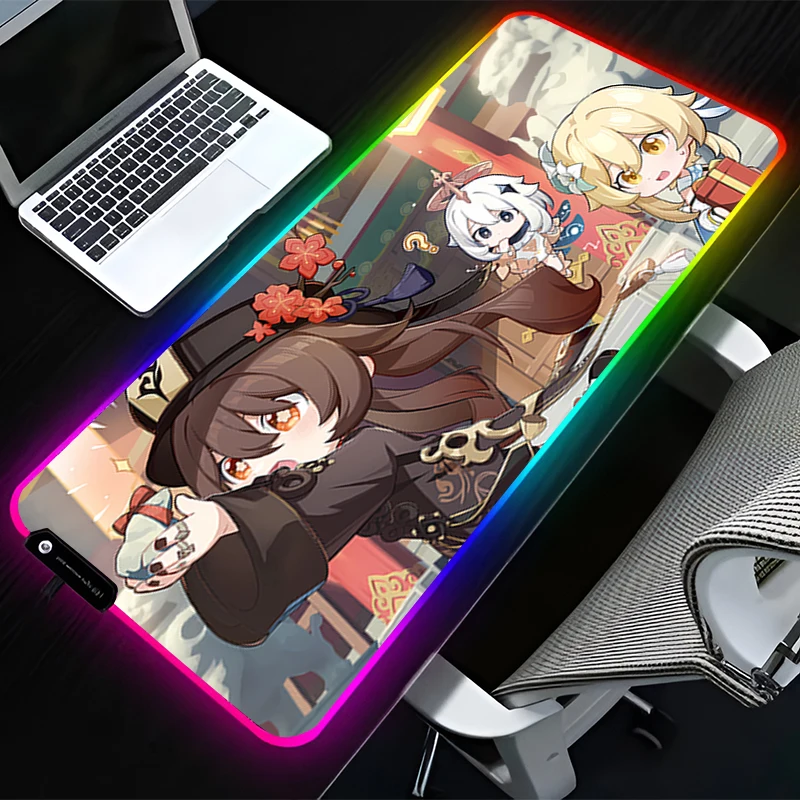 RGB LED Mouse Pad HD Rubber Mousepad Computer Gaming Accessories Keyboard Pad G-genshin Impact Hu Tao Office Non Slip Mouse Mat