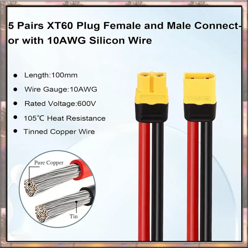 

BAAZ HOT 5 Pairs XT60 Plug Female And Male Connector With 100Mm 10AWG Silicon Wire For RC Lipo Battery FPV Racing Drone