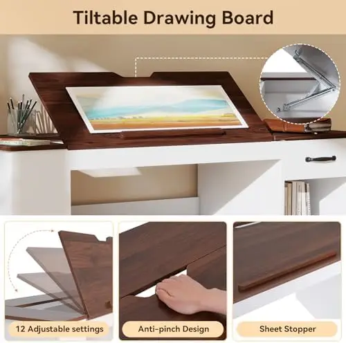 55.1" Drafting Table with Storage Cabinet & Drawers, Craft Art Table with Storage & Tiltable Tabletop, Computer Desk view 4