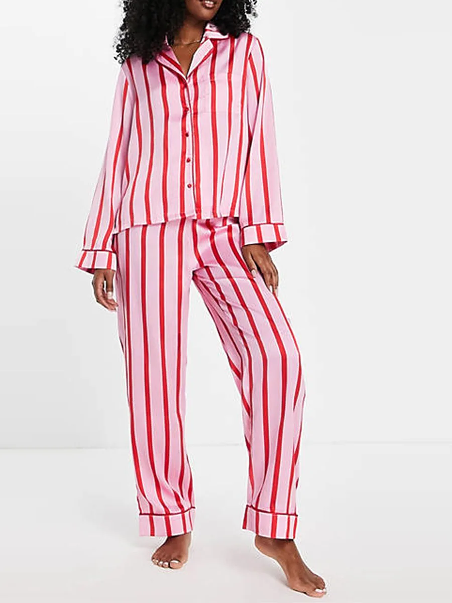 Conjunto de pijama cetim sedoso feminino, camisa de manga com calça longa, loungewear para dia dos namorados