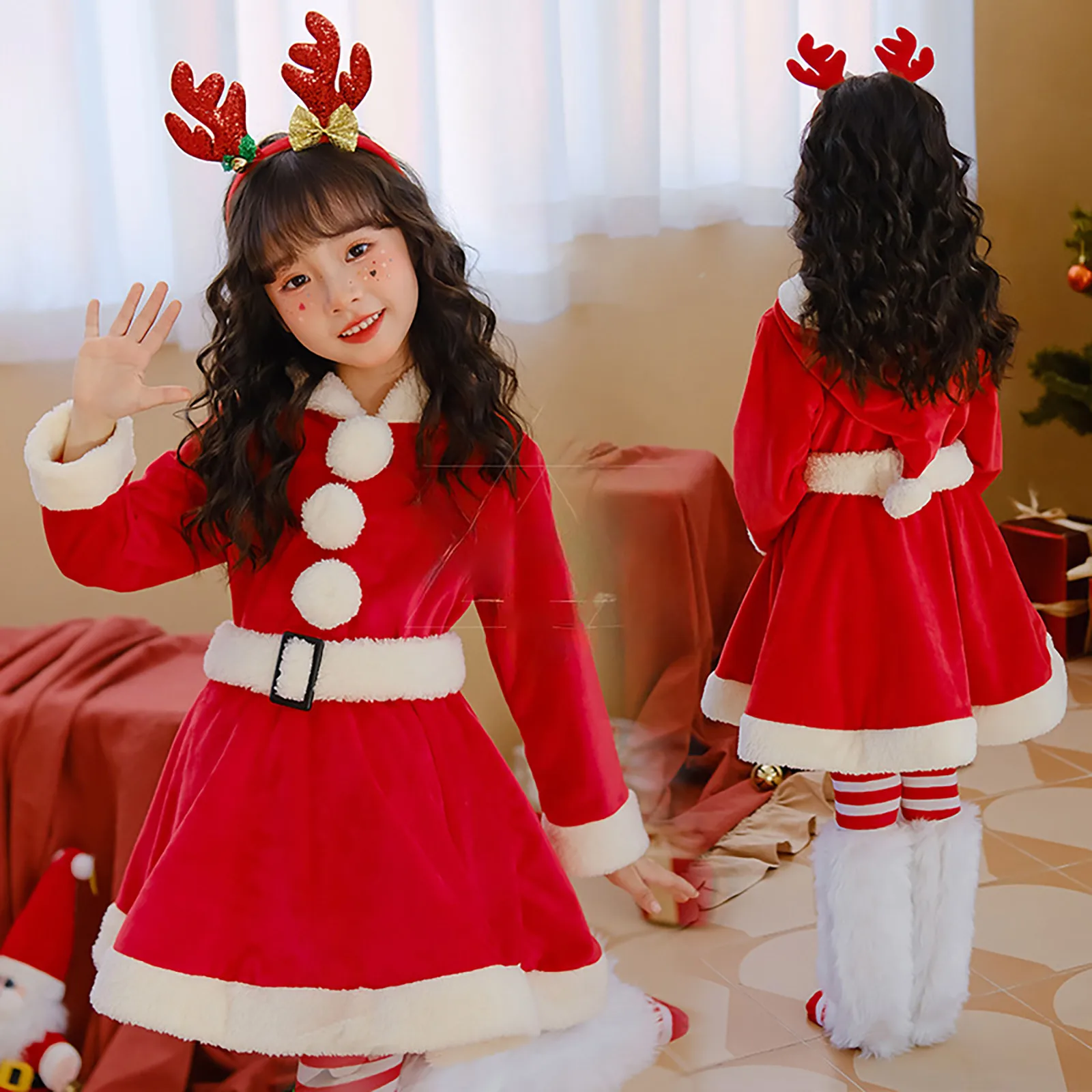 Christmas Baby Santa Claus Cosplay Costume Kids Baby Girls Long Sleeve Clothes Toddler Kids Dress Children Clothing for 4-9Years