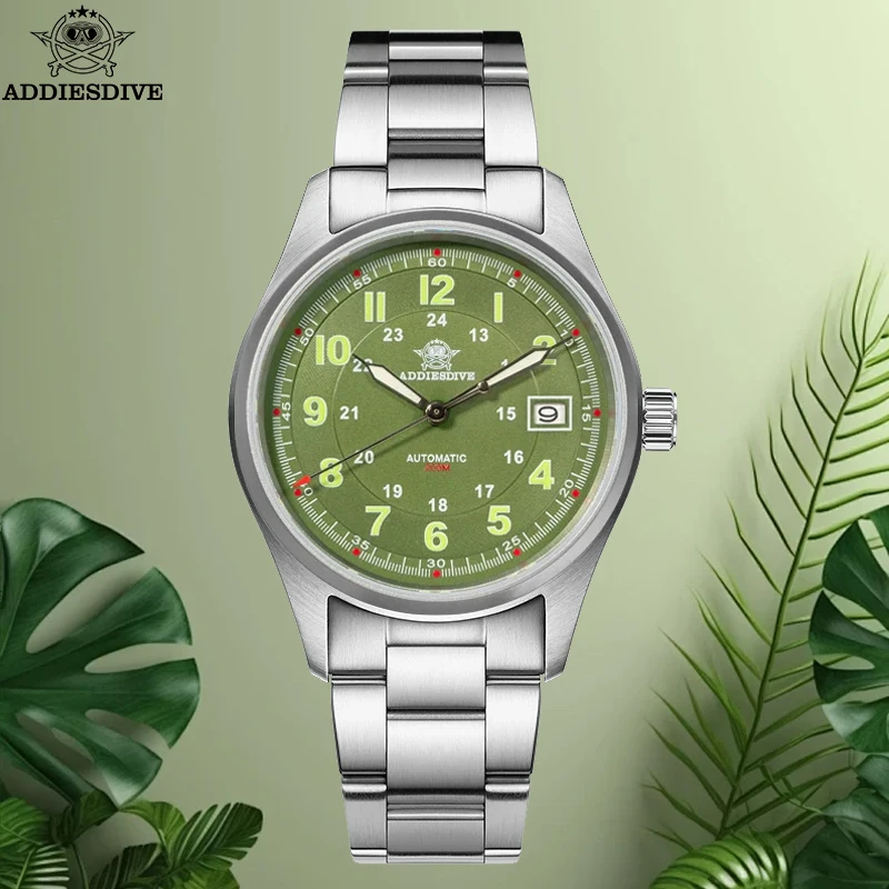 ADDIESDIVE-reloj mecánico automático para hombre, pulsera de acero inoxidable, resistente al agua, esfera verde, luminoso, 20Bar