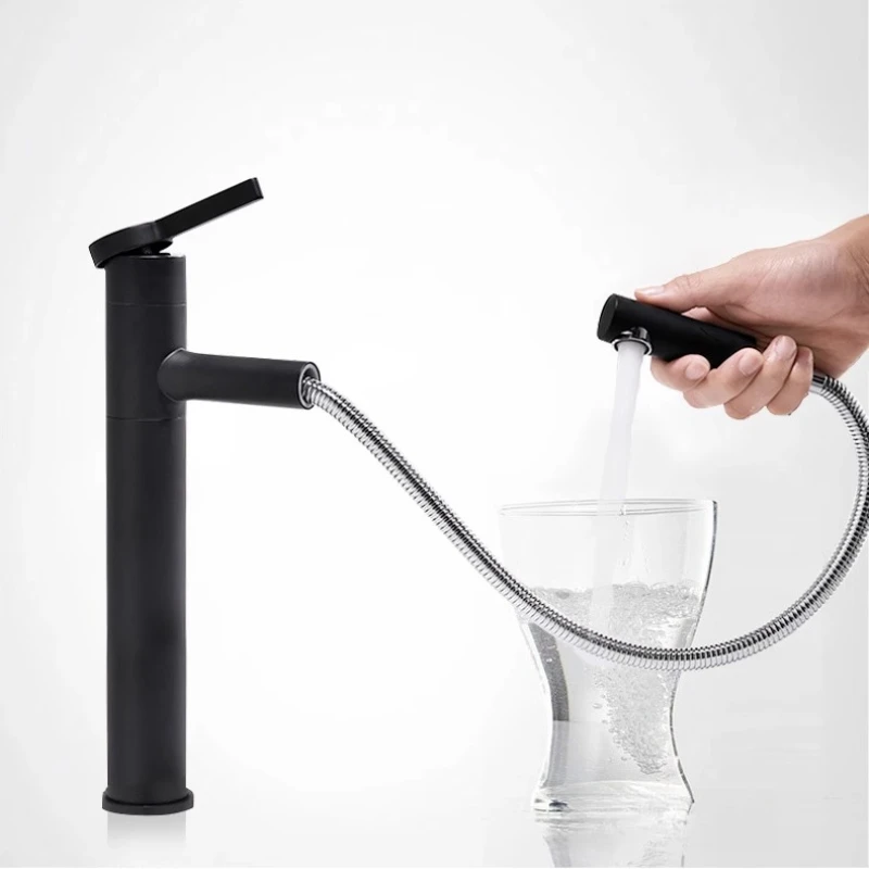 

Frosted black high rod pull-out basin hot and cold faucet retractable rotatable shampoo
