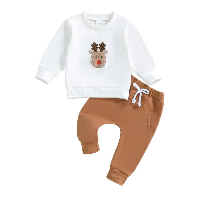 

Baby Boy Girl Christmas Outfit Reindeer Embroidery Long Sleeve Sweatshirt Elastic Waist Pants 2 Piece Set for Fall Winter